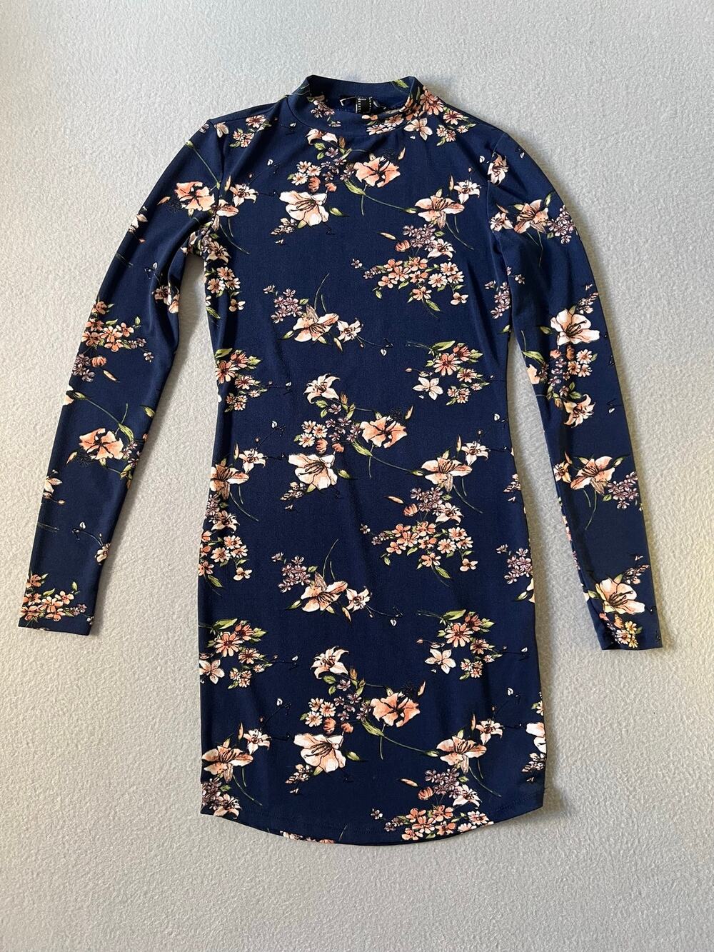 Forever 21 Navy Floral Long Sleeve Bodycon Mini Dress Small